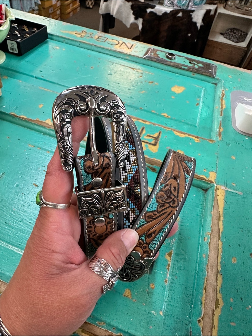Myra Bag Brown Leather Tooled Belt with Turquoise Beadwork and Silver Buckle